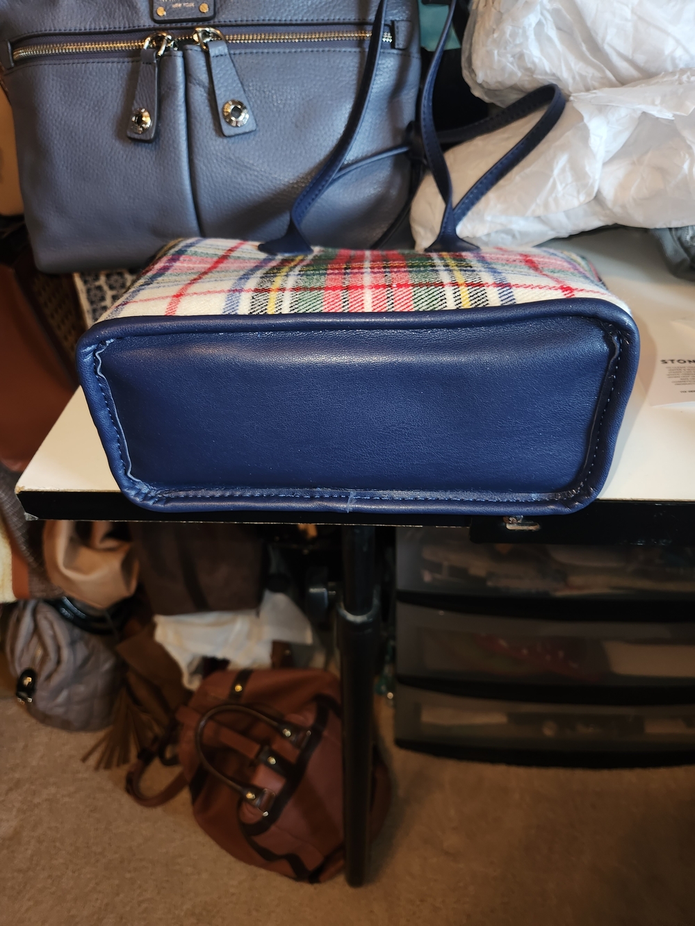 Stoney Clover Navy Plaid Tartan Tote with Heart Charm - Picture 3 of 5